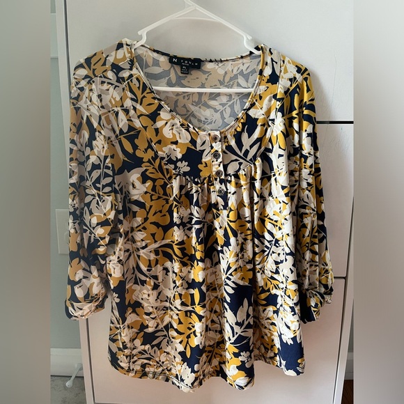 N Touch Tunic mustard yellow and dark blue print Large Petite - Picture 1 of 2